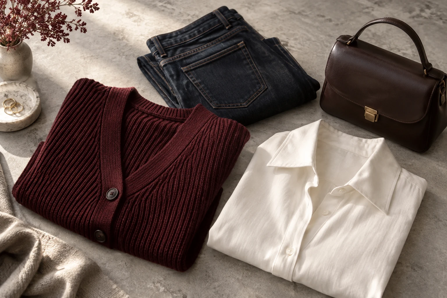 Bordo triko, denim ve çanta seçkisi